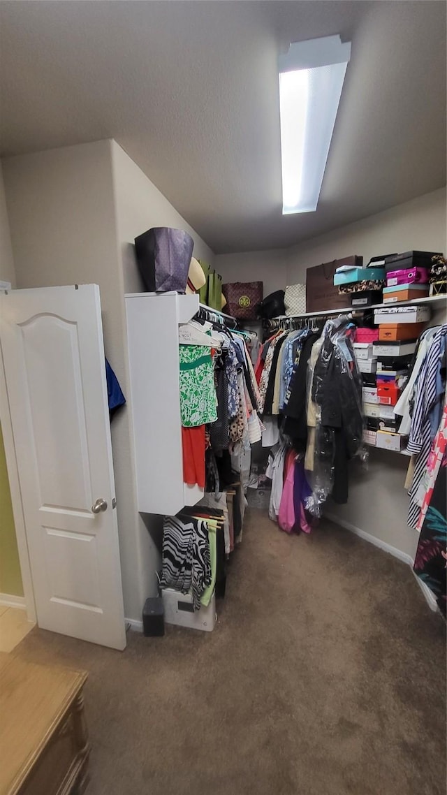 spacious closet with dark colored carpet