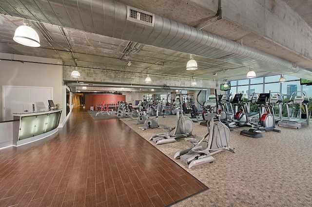 gym featuring wood-type flooring