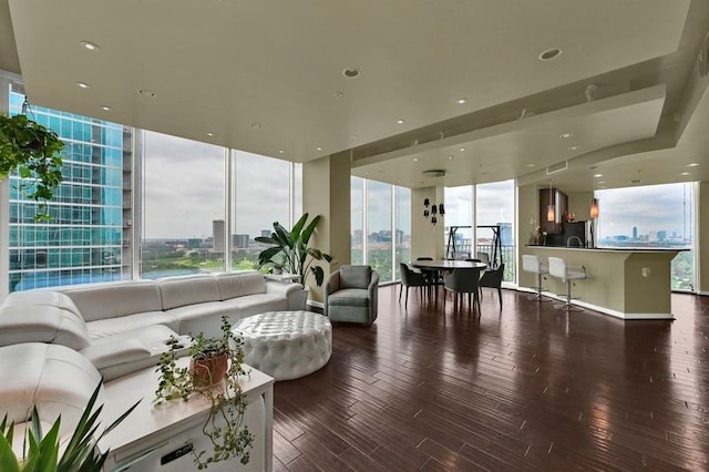 living room with expansive windows and dark hardwood / wood-style flooring