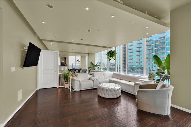 living room with dark hardwood / wood-style flooring