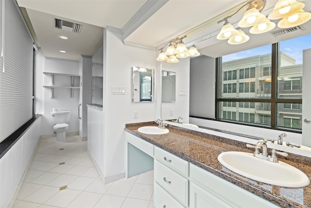 bathroom with a notable chandelier, tile patterned floors, toilet, vanity, and ornamental molding