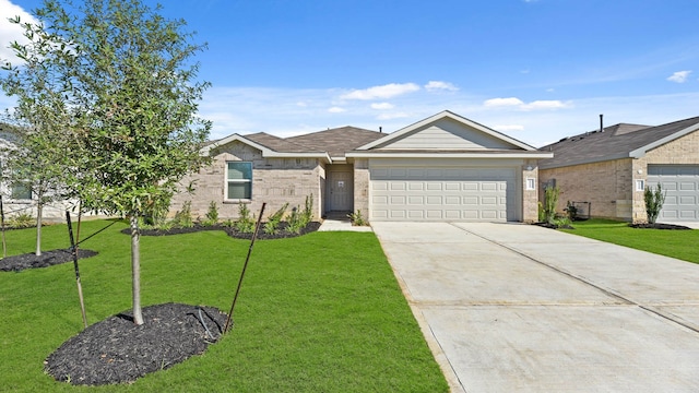 ranch-style house featuring a garage and a front lawn