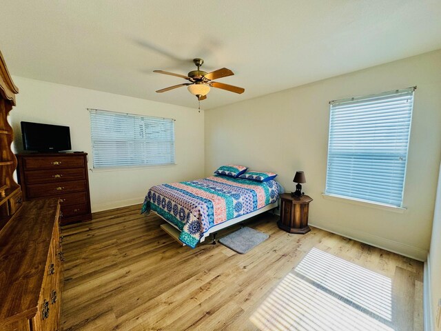 bedroom featuring light wood-type flooring and ceiling fan