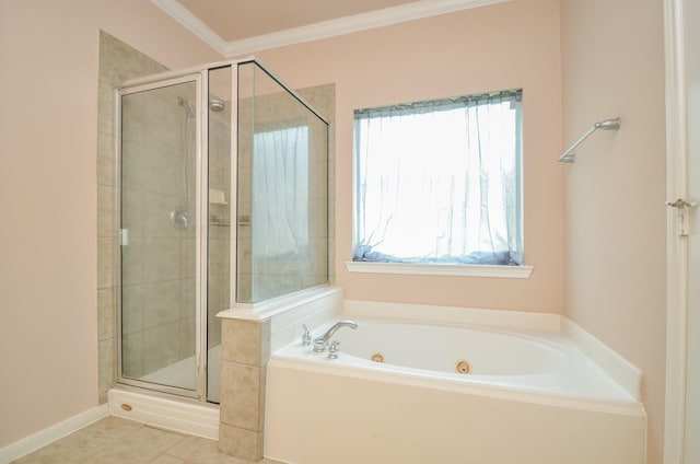 bathroom featuring independent shower and bath, tile patterned floors, and crown molding