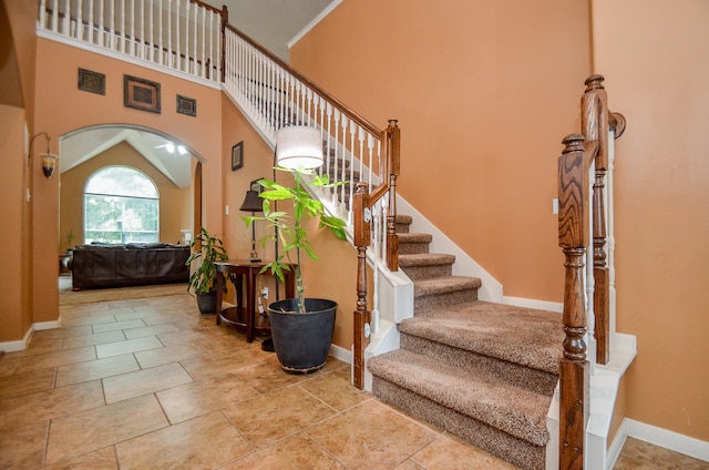 stairway with a high ceiling