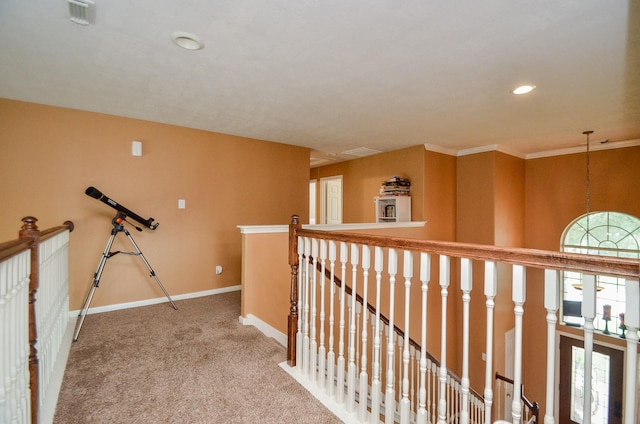 hall featuring carpet floors and crown molding