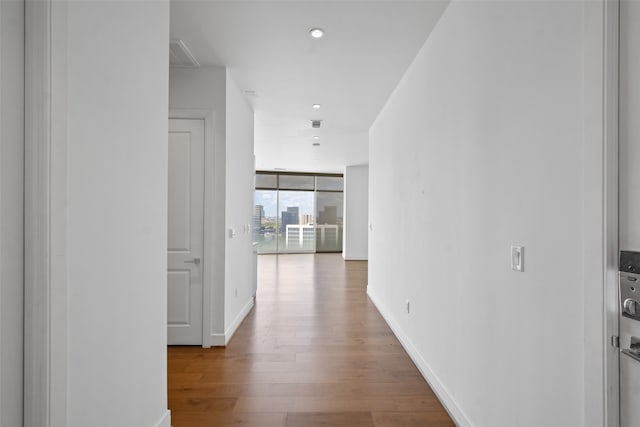 hall featuring floor to ceiling windows and hardwood / wood-style floors