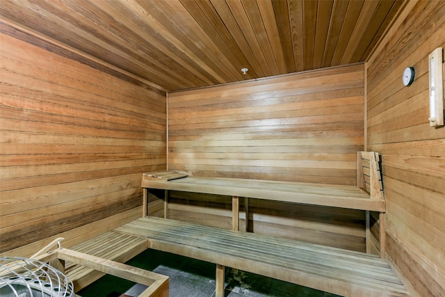 view of sauna / steam room with wooden walls and wooden ceiling