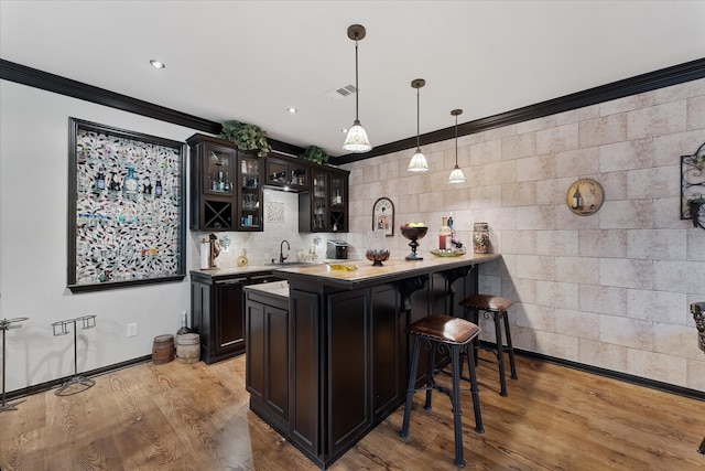 kitchen with light hardwood / wood-style floors, sink, dark brown cabinetry, and pendant lighting