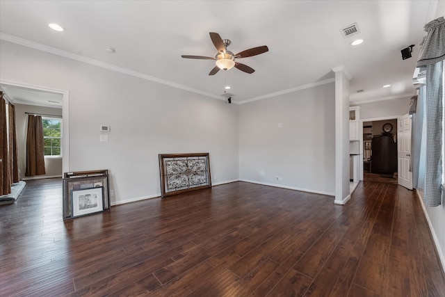 unfurnished living room featuring ceiling fan, dark hardwood / wood-style flooring, and crown molding