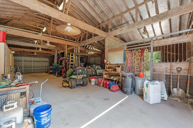 garage with a workshop area