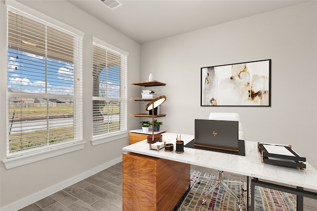 home office featuring dark hardwood / wood-style flooring