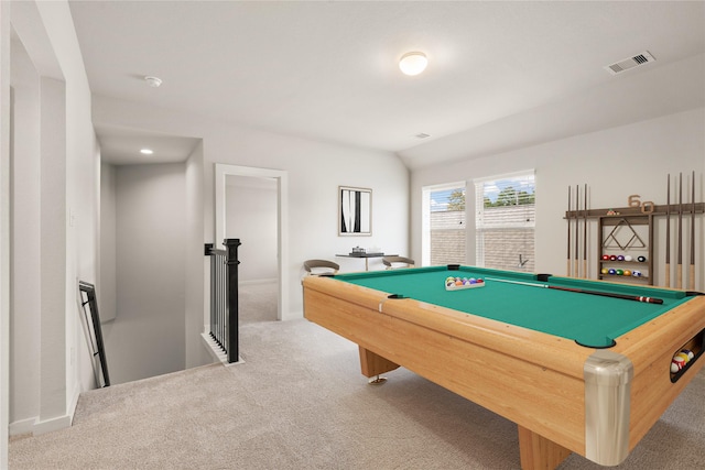 recreation room with light colored carpet and pool table