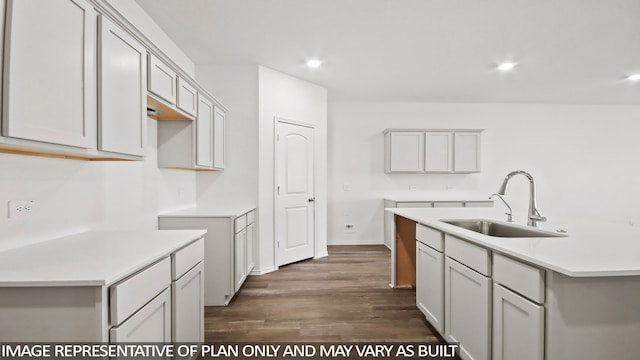 kitchen featuring gray cabinetry, dark wood-type flooring, and sink