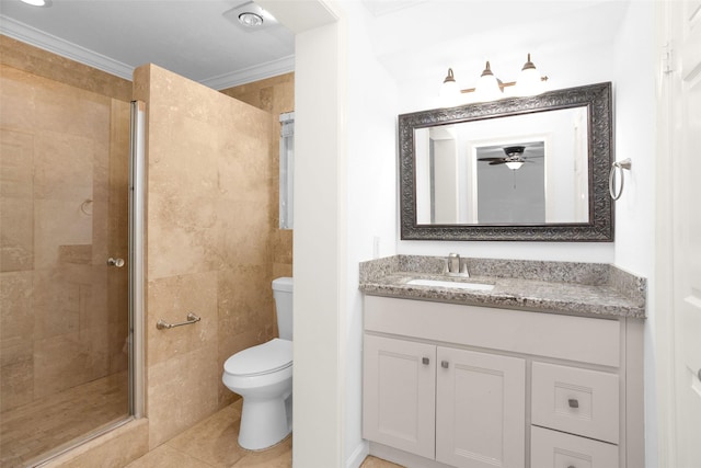 full bathroom with tile patterned flooring, crown molding, vanity, and toilet