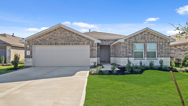 single story home featuring a front yard and a garage