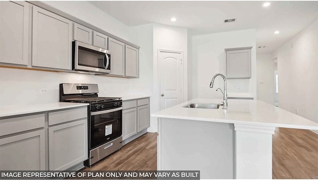 kitchen with gray cabinetry, sink, wood-type flooring, a kitchen island with sink, and appliances with stainless steel finishes