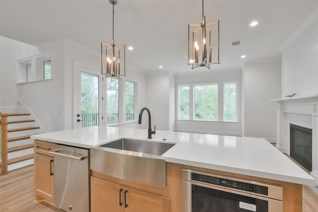 kitchen featuring stainless steel appliances, crown molding, plenty of natural light, and light hardwood / wood-style floors