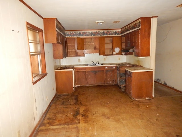 kitchen featuring wood walls, ornamental molding, sink, and extractor fan