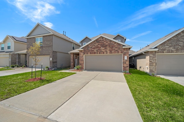 view of front of home with a garage, central air condition unit, and a front yard