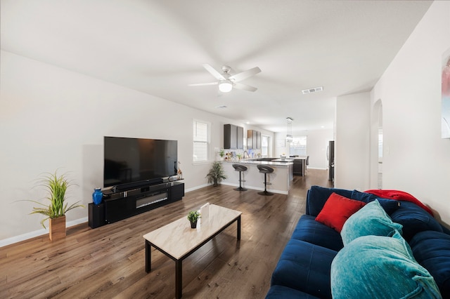 living room with wood-type flooring and ceiling fan