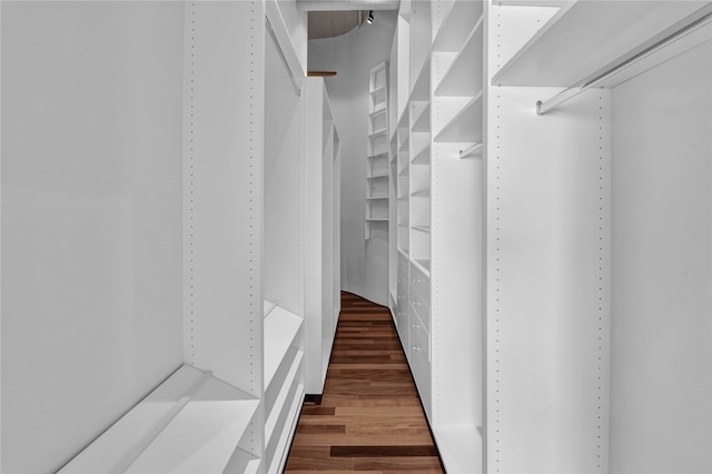 walk in closet with dark hardwood / wood-style flooring