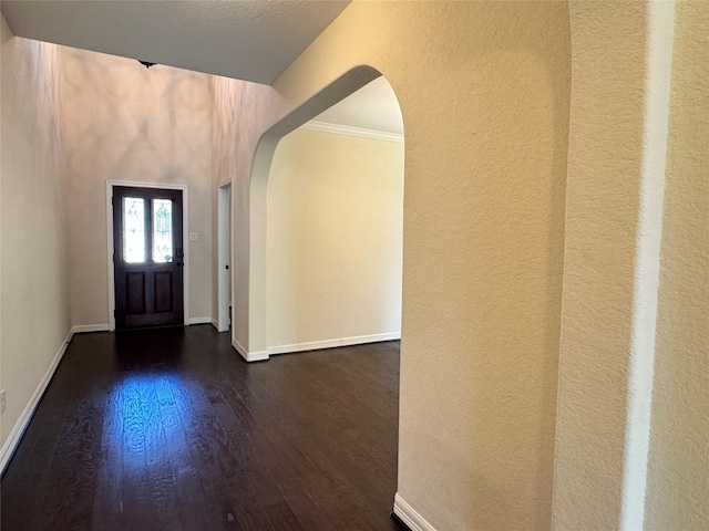 entrance foyer featuring dark hardwood / wood-style flooring and ornamental molding