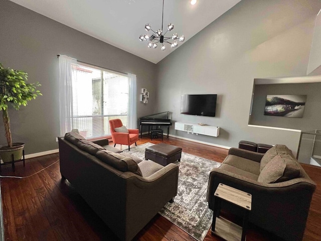 living room with high vaulted ceiling, a chandelier, and dark hardwood / wood-style floors