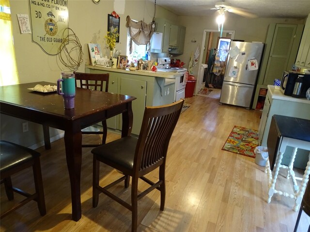 dining area featuring light hardwood / wood-style flooring and ceiling fan