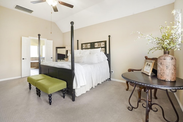 bedroom featuring ceiling fan, carpet flooring, and lofted ceiling