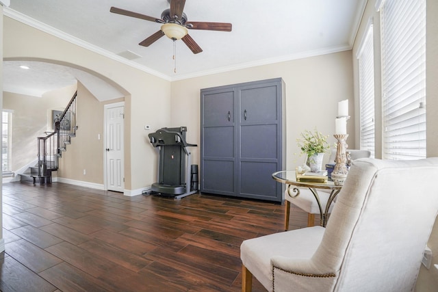 living area with ceiling fan, ornamental molding, and a healthy amount of sunlight