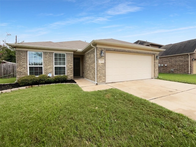 ranch-style house with a garage and a front lawn