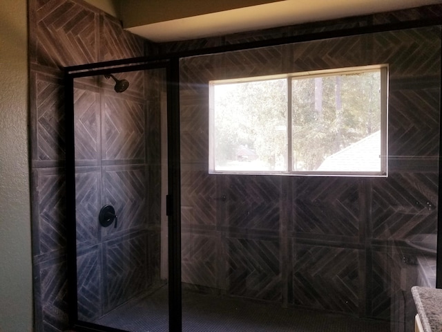 bathroom featuring vanity and a shower with door