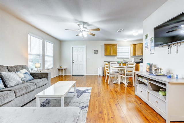 living room with ceiling fan, baseboards, visible vents, and light wood-style floors