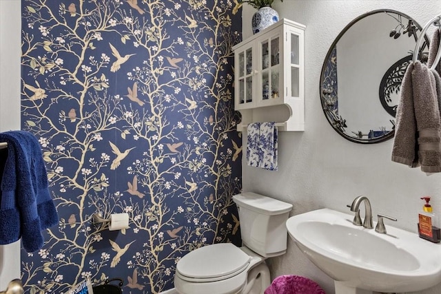 bathroom with toilet, a sink, and a textured wall