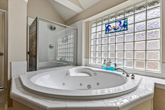 bathroom with vaulted ceiling and plus walk in shower