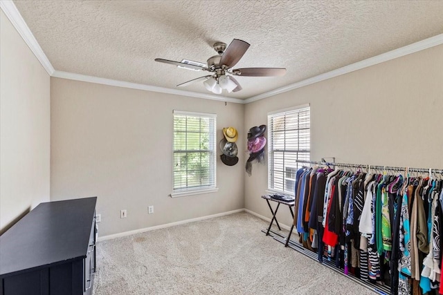 interior space with light carpet, ceiling fan, baseboards, and crown molding