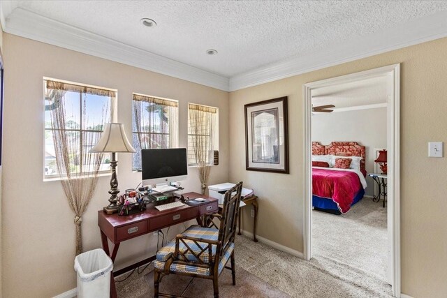 home office with crown molding, a textured ceiling, ceiling fan, and carpet floors