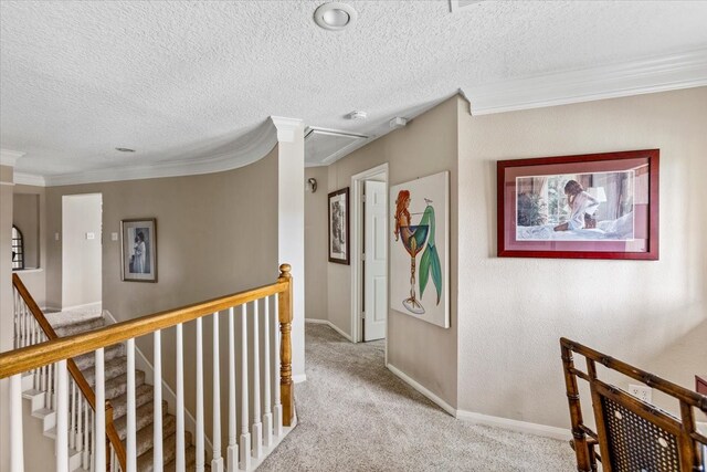 hall with light colored carpet, crown molding, and a textured ceiling