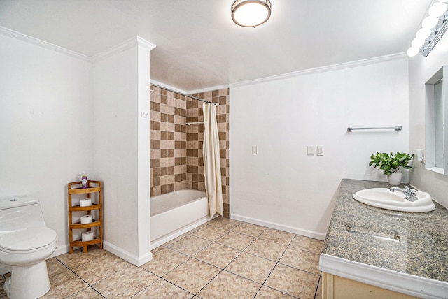 full bathroom featuring crown molding, tile patterned flooring, shower / tub combo, and toilet