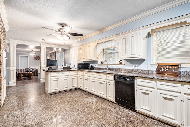 kitchen featuring black appliances, sink, kitchen peninsula, ceiling fan, and ornamental molding