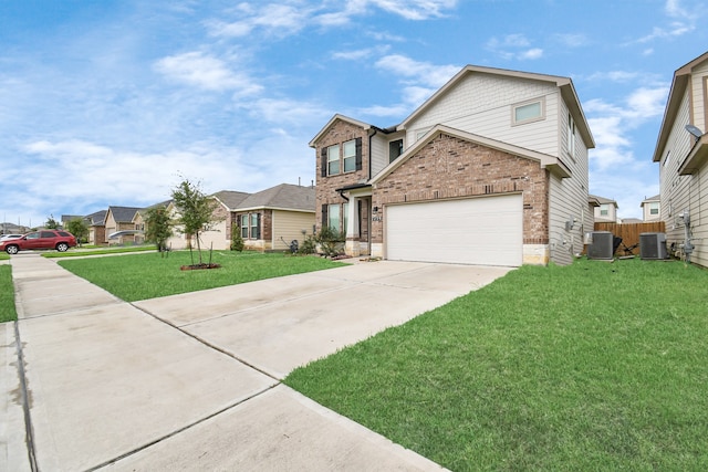 view of front of house with a garage, a front lawn, and cooling unit