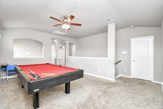 playroom with carpet flooring, lofted ceiling, billiards, and ceiling fan