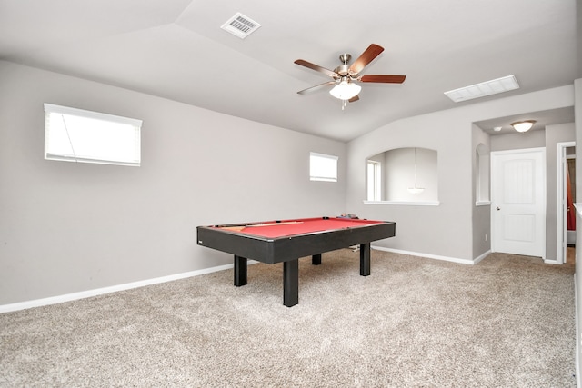 playroom with carpet, ceiling fan, vaulted ceiling, and pool table