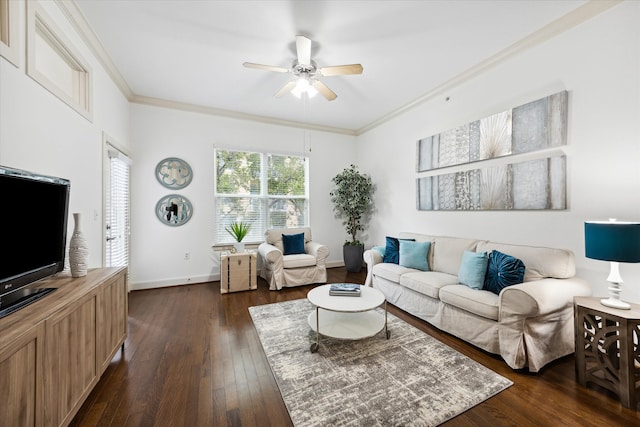 living room with crown molding, dark hardwood / wood-style floors, and ceiling fan