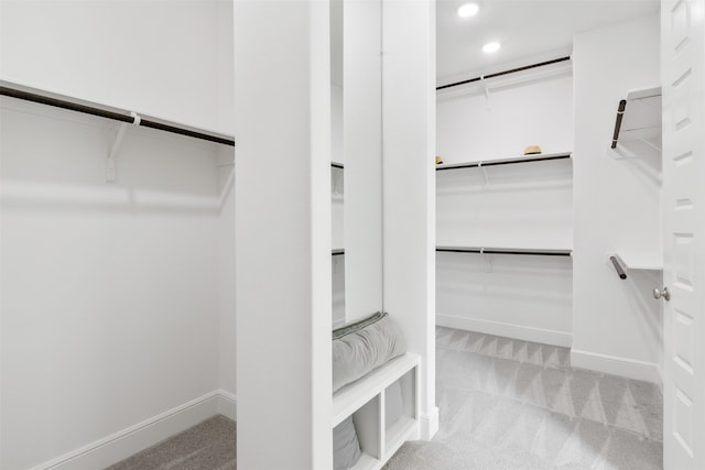 spacious closet featuring light colored carpet