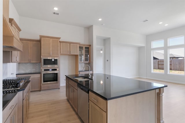 kitchen featuring sink, light wood-type flooring, stainless steel appliances, a kitchen island with sink, and backsplash