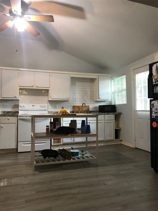 kitchen featuring ceiling fan, vaulted ceiling, white cabinetry, and black appliances