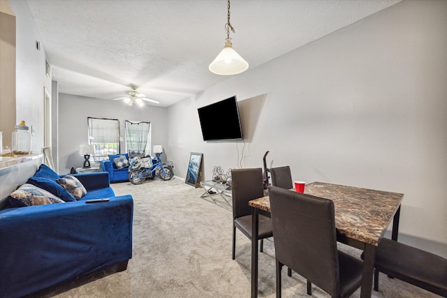 living room featuring ceiling fan, a textured ceiling, and carpet floors