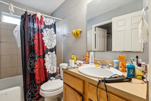 full bathroom with shower / bath combo, toilet, and vanity